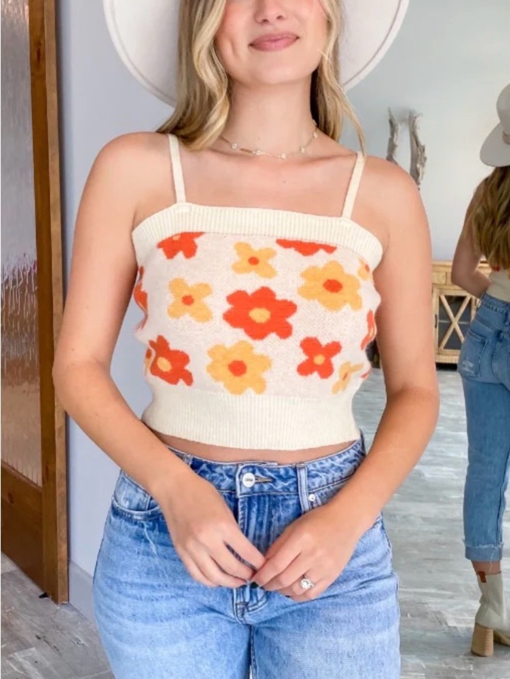 HYFVE Retro Floral Knit Crop Tank M 70’s Boho Festival Sweater Camisole